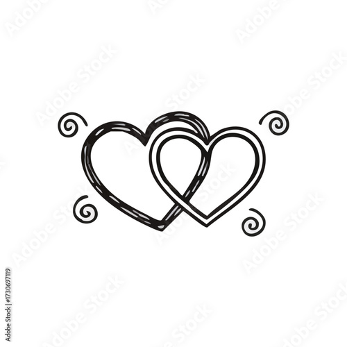 Intertwined Hearts Affection Emblem. This artful illustration depicts two conjoined shapes, signifying enduring devotion and deep passion. Decorative scrolls frame the romantic motif, perfect for.
