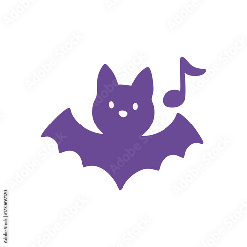 Whimsical Purple Bat with Music Note. This adorable winged creature emits a harmonious tune, represented by a single melodic symbol. Perfect for spooky season celebrations or playful artistic.