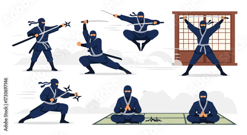 A collection of diverse ninja poses demonstrating martial arts and combat skills.