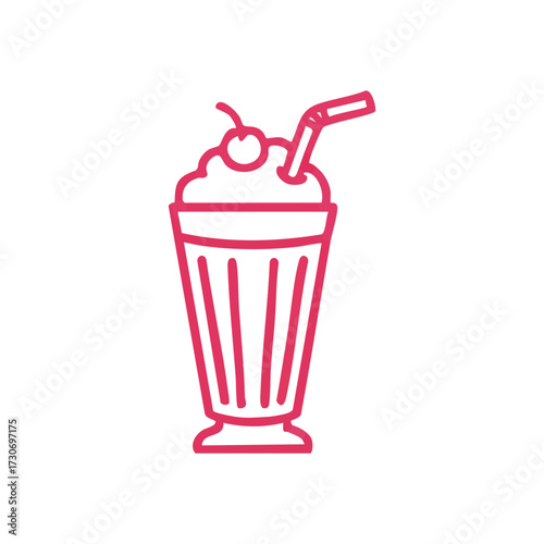 Retro Milkshake Treat. Simple vector drawing of a delectable sweet drink, featuring luscious whipped cream and a ripe cherry. Represents refreshing dessert pleasure.