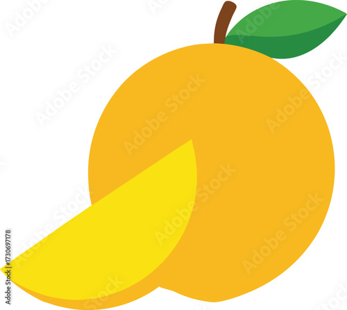 A whole orange fruit with a slice of mango next to it, featuring a green leaf and stem, isolated on a white background