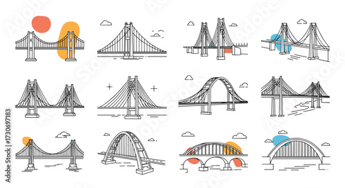 A collection of twelve unique bridge illustrations in varying architectural styles and sizes.