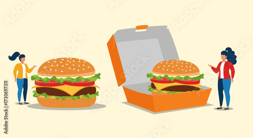 Two people admiring a large gourmet burger and a burger in a takeout box.