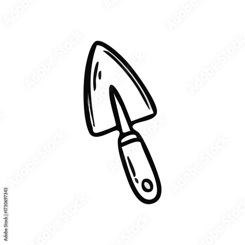 Garden Trowel Tool Sketch. This charming hand drawn garden trowel outline symbolizes growth and nature. Ideal for spring themes, planting, and home horticultural pursuits.