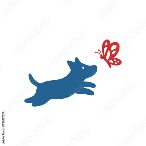 Blue Puppy Chasing Red Butterfly. An indigo pup playfully pursues a vivid scarlet winged creature. This delightful graphic symbolizes innocence, discovery, and nature's joy.