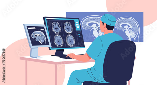 Medical professional examining brain scans on computer screens in a modern clinic setting.