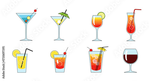 A collection of colorful and refreshing alcoholic beverages presented in various cocktail glasses.