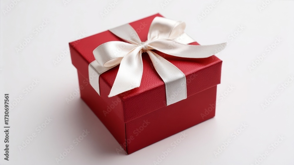Fototapeta premium A red gift box elegantly wrapped with a white satin ribbon and bow, perfect for celebrations like weddings, birthdays,