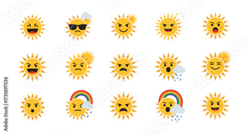 Collection of sun emojis with various facial expressions and weather conditions.