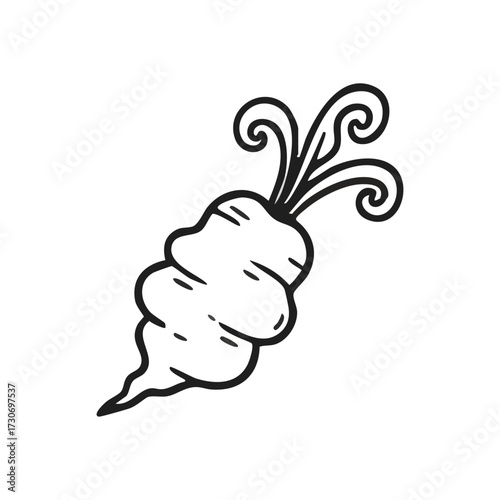 Whimsical Radish Outline Illustration. Charming produce doodle captures an earthy, healthy essence. This graphic sketch brings a touch of natural delight to designs.
