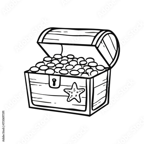 Cartoon Treasure Chest Full of Riches. This charming drawing depicts an open wooden strongbox overflowing with shiny doubloons, symbolizing prosperity and exciting adventures.