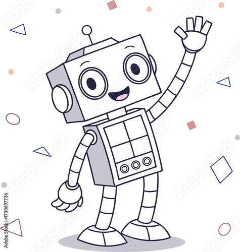 Friendly retro robot waving hello surrounded by sparkling lights isolated on transparent background