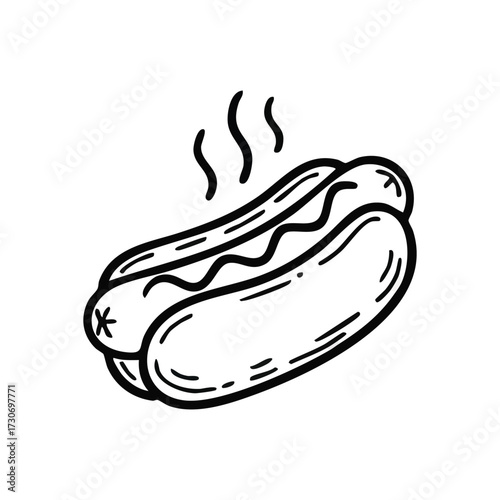 Steaming Hot Dog Illustration. Simple sketch of a warm frankfurter in a bun, exuding a delightful aroma. Ideal for fast food themes, quick meal concepts.