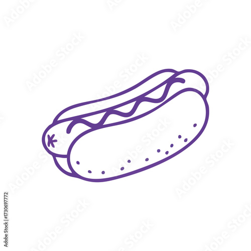 Purple Hot Dog Line Art Graphic. A cheerful outline drawing showcasing a tasty sausage in bread, complete with a topping. Embodies quick meal enjoyment.
