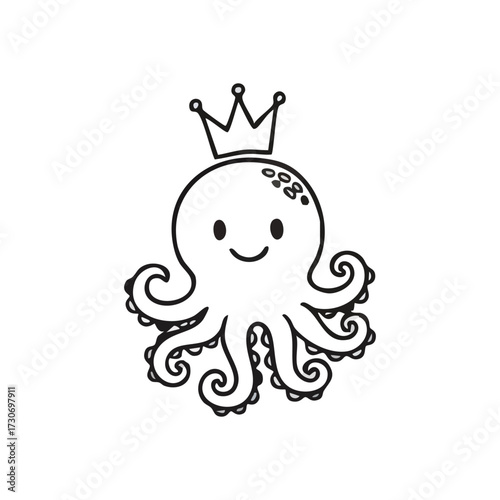 Crowned Octopus Cute Ocean Character. This delightful marine animal illustration showcases a happy cephalopod wearing a regal headpiece. It radiates innocence and charm, perfect for children's.