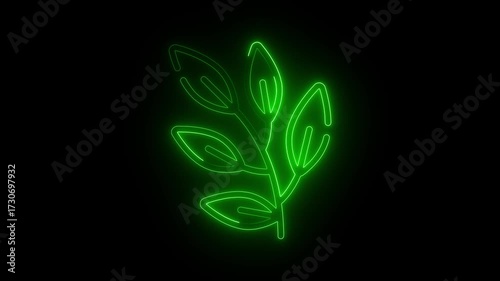 Neon line blue color Animated leaf icon with neon saber effect. black background.
