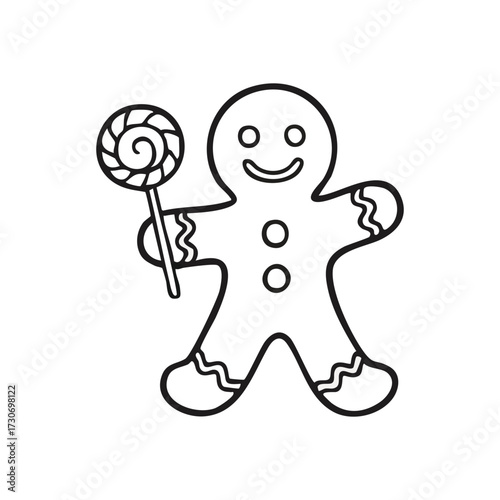 Happy Gingerbread Man with Sweet Treat. An endearing outline illustration of a friendly spiced biscuit figure clutching a spiral sugar stick, symbolizing joy, celebration, and childhood memories.