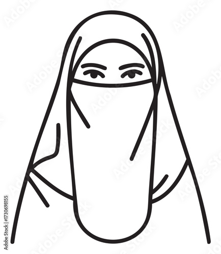 Outline of female in niqab with traditional headscarf - stock vector