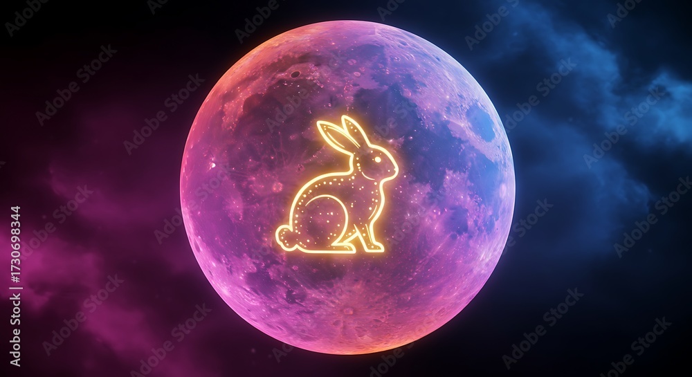 Naklejka premium Glowing Neon Rabbit Silhouette on Pink Full Moon Background for Mid-Autumn Festival or Year of the Rabbit Concept