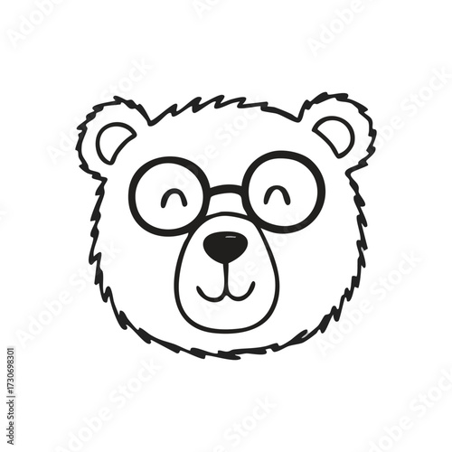 Cute Cartoon Bear Face with Glasses. Adorable spectacle-wearing ursine illustration. This clever, friendly character evokes childlike charm and intellect, ideal for kids' designs.