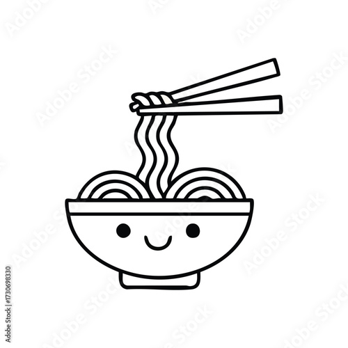 Cute Smiling Noodle Bowl Design. Cheerful line art shows a delightful ramen dish. Wooden eating utensils gently lift flavorful strands, conveying happiness and delicious Asian cuisine.