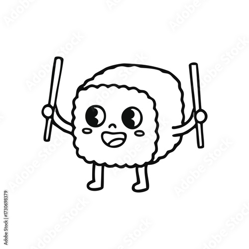 Happy Sushi Character with Chopsticks. This charming doodle depicts an adorable rice delicacy with a cheerful expression, holding its eating tools. It conveys pure delight and an appetite for tasty.
