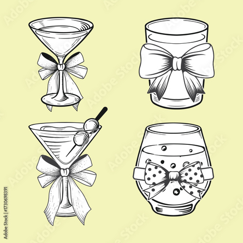 Coquette cocktails with bows Buldle set bold black outline  design