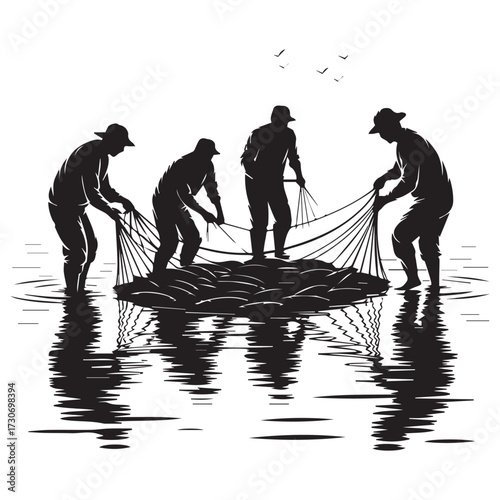 Silhouettes of four fishermen working together in shallow water pulling a large fishing net filled with a catch