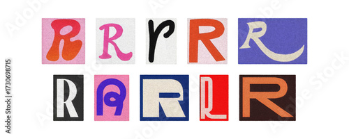 Colorful letter R collage from magazine clippings, isolated transparent PNG
