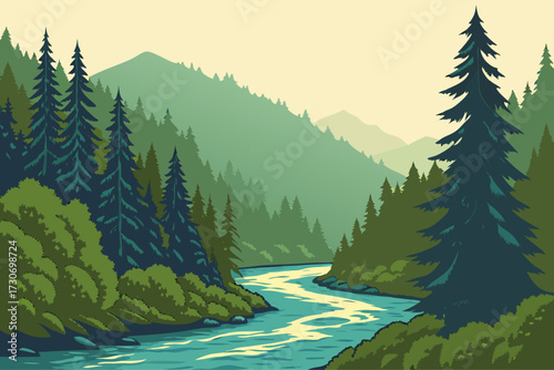 Hoh River in Olympic National Park, Washington, glacial waters winding through lush temperate rainforest