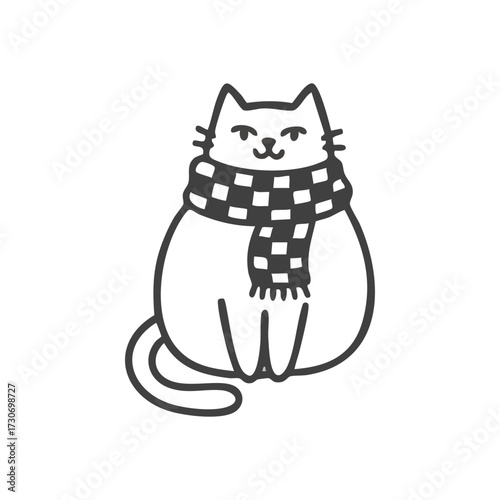 Cozy Feline in Checkered Scarf. This charming doodle depicts a rotund pussycat radiating snug comfort. Ideal for seasonal designs, pet-themed projects, and depicting gentle warmth.