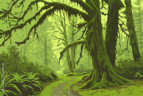 Hoh Rain Forest in Washington, lush green rainforest with moss-draped branches and dripping ferns