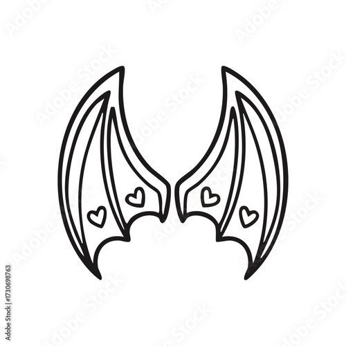 Whimsical Demon Bat Wings Icon. Adorable graphic showcasing stylized creature pinions with small heart elements. Represents playful mischief or a sweet, dark allure.