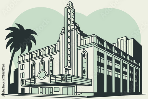 Hollywood Pantages Theatre in Los Angeles, California, art deco landmark with glowing neon sign