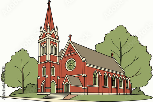 Holy Rosary Catholic Church in Tacoma, Washington, red brick Gothic Revival church with tall central spire