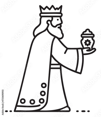 Line art of wise man with crown and gift offering - stock vector
