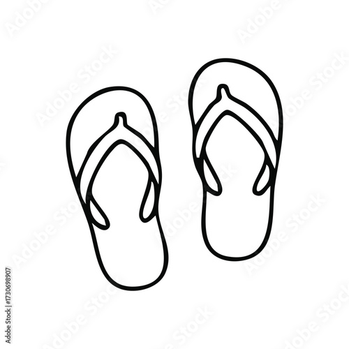 Summer Flip Flops Outline Drawing. This minimalist graphic portrays a pair of leisure sandals, symbolizing vacation, relaxation, and warm weather travel. Ideal for a carefree design.