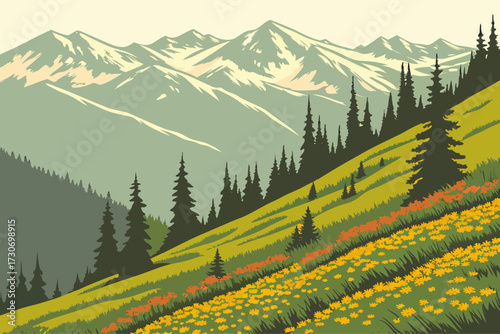Hurricane Ridge in Olympic National Park, Washington, rolling ridges with wildflower meadows and snowy peaks