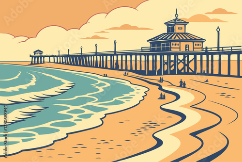 Huntington Beach in California, “Surf City USA” sandy shoreline with pier and waves