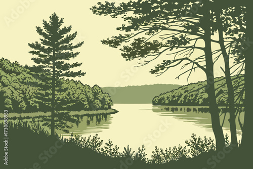Hemlock Lake in Finger Lakes, New York, undeveloped wilderness lake surrounded by dense hardwood forests