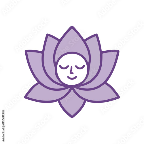 Serene Lotus Face Symbol. A peaceful lavender blossom with a calm visage. Represents meditation, inner quiet, and holistic well-being.