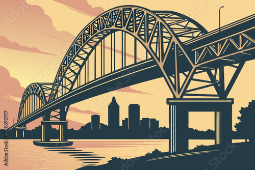 Hernando de Soto Bridge in Memphis, Tennessee, twin arches glowing over Mississippi River skyline