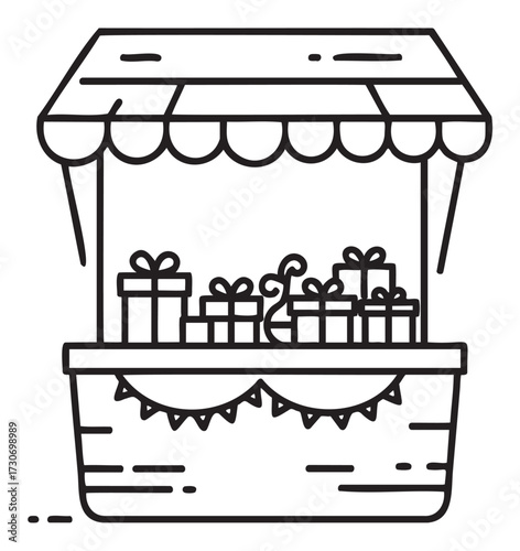 Black and white outline of gift stall with wrapped presents displayed - stock vector