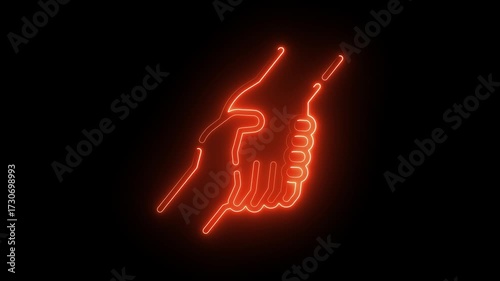Glowing neon Two hands support Line art. Isolated on black background.