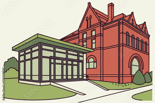 Harvard Art Museums in Cambridge, Massachusetts, modern glass entrance adjoining historic red-brick structure