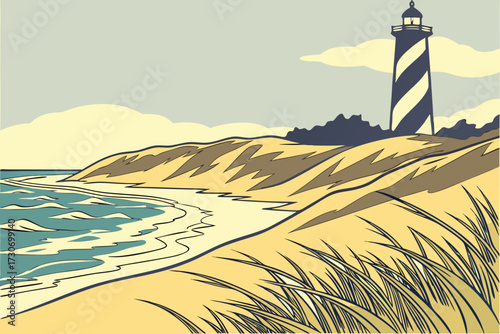 Hatteras Island in North Carolina, windswept Outer Banks with historic lighthouse and sandy dunes