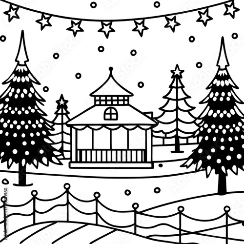 La carte d'illustration de Noël représente une maison de village dans un paysage d'hiver sous la neige et un ciel de nuit rempli de flocon de neige