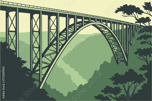 Hawks Nest Bridge in West Virginia, concrete arch with sweeping gorge views surrounded by dense forest