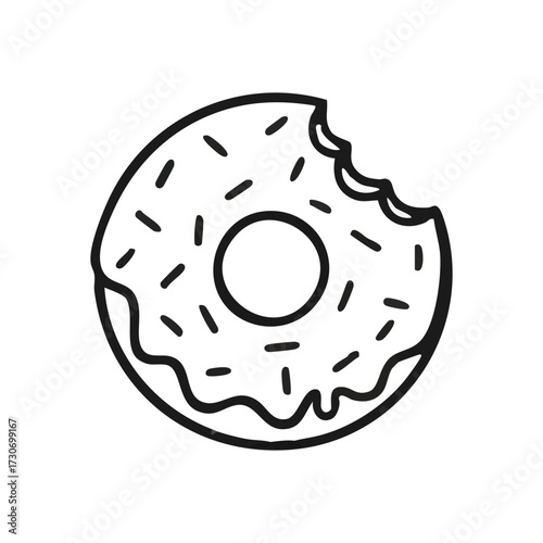 Bitten Donut Outline Illustration. A charming monochrome drawing of a partially eaten sweet pastry, adorned with playful sprinkles. Represents delightful indulgence and irresistible cravings.
