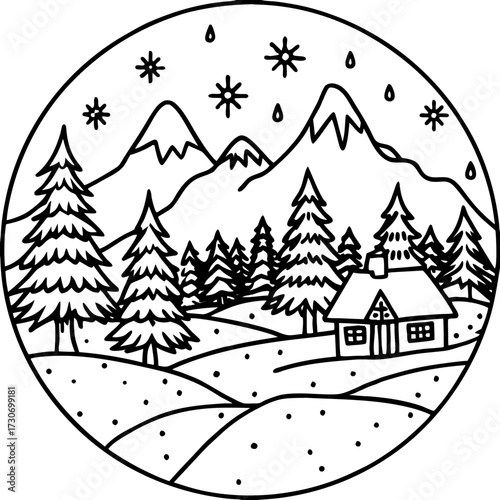 La carte d'illustration de Noël représente une maison de village dans un paysage d'hiver sous la neige et un ciel de nuit rempli de flocon de neige